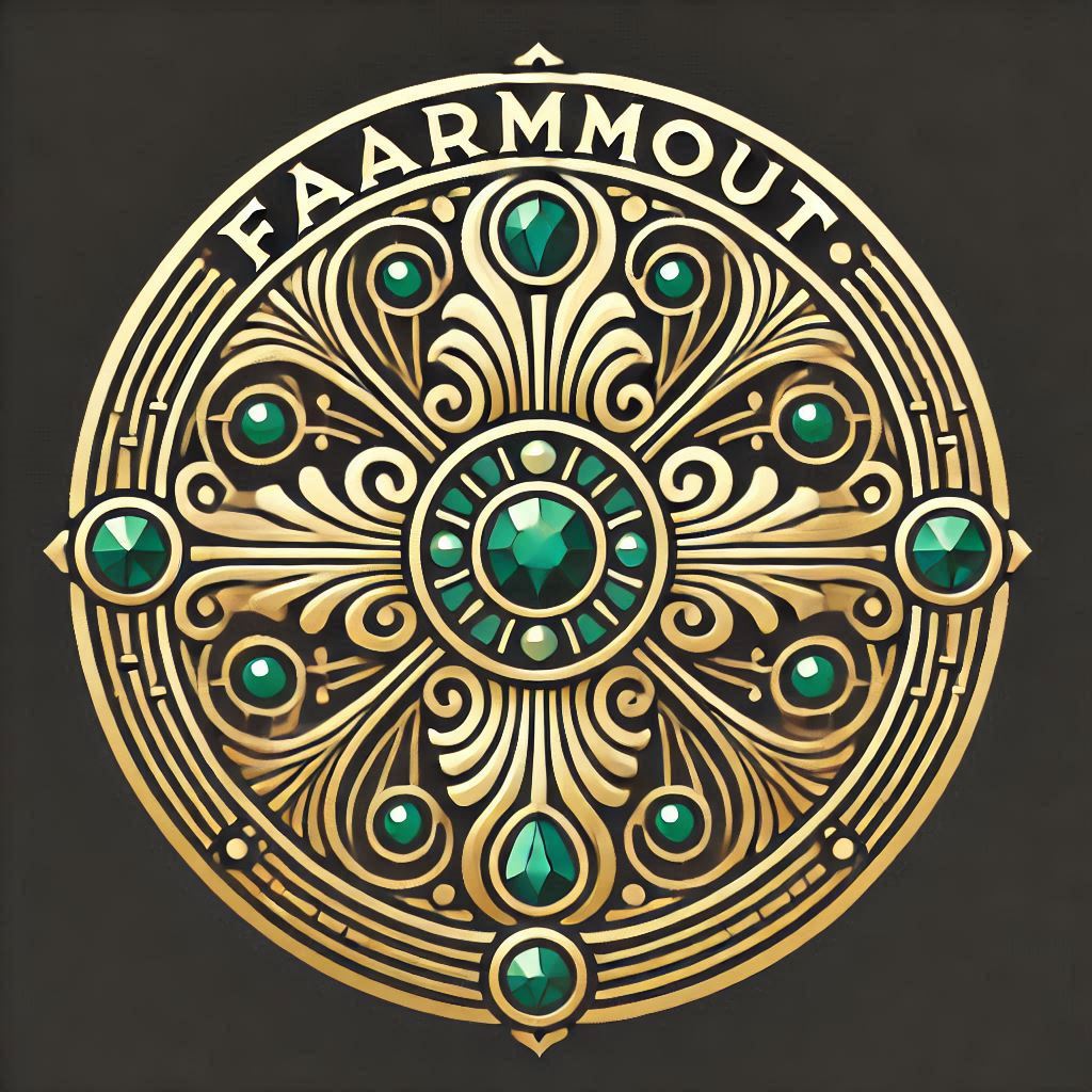 Logo Design Vintage logo, circular shape, gold and emerald, Art Deco style, ornate details, luxury, elegant, intricate. Design a logo for Faarmout that whispers 'class' and 'expertise